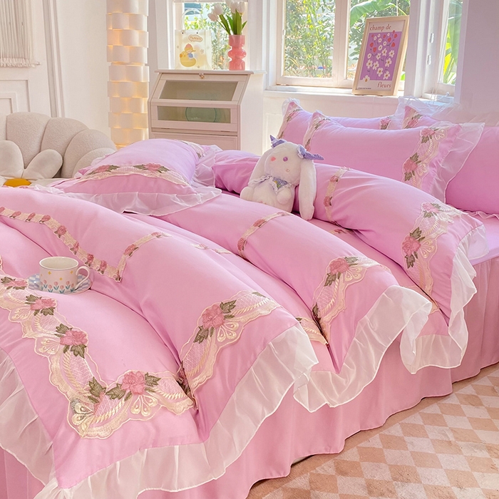 91家纺网 家纺一手货源 找家纺 后庭寝室 2025新款韩版雪纺磨毛蕾丝纯色床裙四件套-遇见公主 遇见公主-粉色