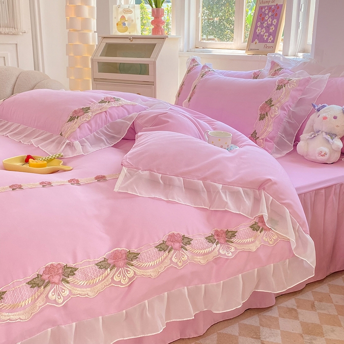 91家纺网 家纺一手货源 找家纺 后庭寝室 2025新款韩版雪纺磨毛蕾丝纯色床裙四件套-遇见公主 遇见公主-粉色