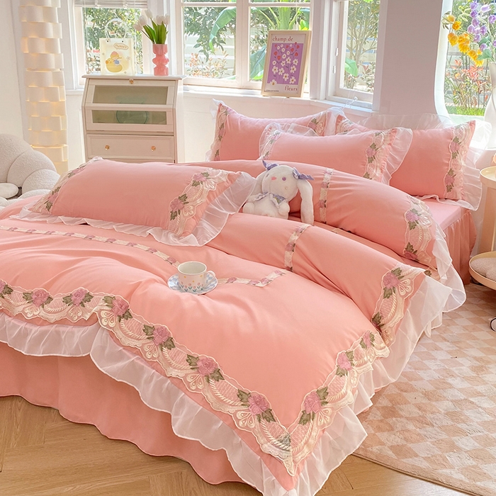 91家纺网 家纺一手货源 找家纺 后庭寝室 2025新款韩版雪纺磨毛蕾丝纯色床裙四件套-遇见公主 遇见公主-玉色