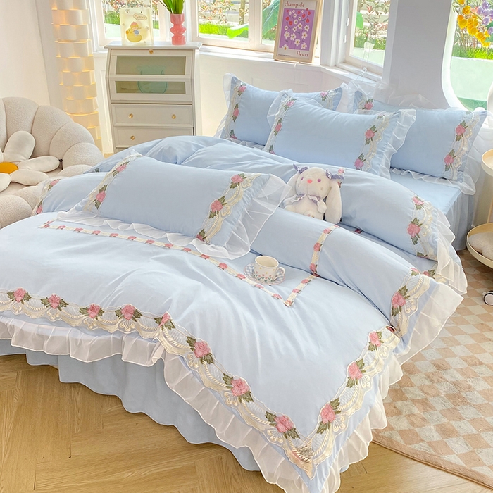 91家纺网 家纺一手货源 找家纺 后庭寝室 2025新款韩版雪纺磨毛蕾丝纯色床裙四件套-遇见公主 遇见公主-浅蓝