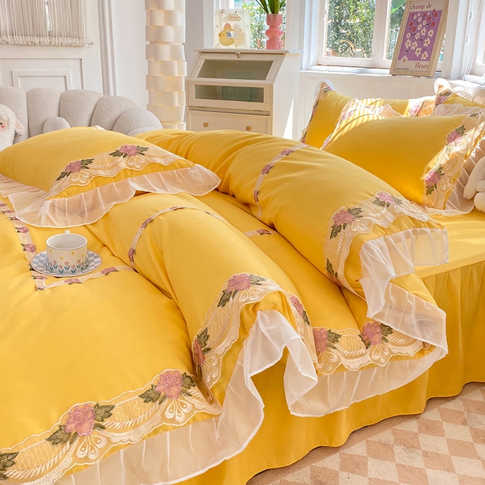 91家纺网 家纺一手货源 找家纺 后庭寝室 2025新款韩版雪纺磨毛蕾丝纯色床裙四件套-遇见公主 遇见公主-金黄