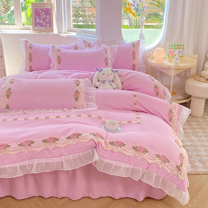 91家纺网 家纺一手货源 找家纺 后庭寝室 2025新款韩版雪纺磨毛蕾丝纯色床裙四件套-遇见公主 遇见公主-粉色