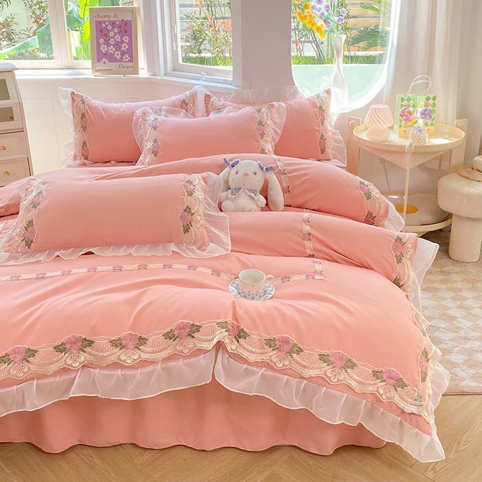 91家纺网 家纺一手货源 找家纺 后庭寝室 2025新款韩版雪纺磨毛蕾丝纯色床裙四件套-遇见公主 遇见公主-玉色