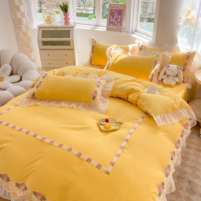 91家纺网 家纺一手货源 找家纺 后庭寝室 2025新款韩版雪纺磨毛蕾丝纯色床裙四件套-遇见公主 遇见公主-金黄