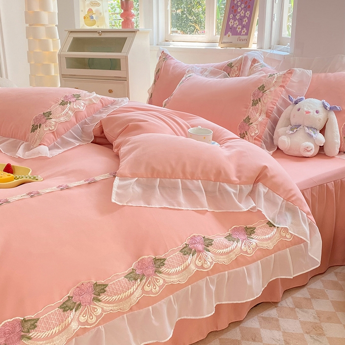 91家纺网 家纺一手货源 找家纺 后庭寝室 2025新款韩版雪纺磨毛蕾丝纯色床裙四件套-遇见公主 遇见公主-玉色