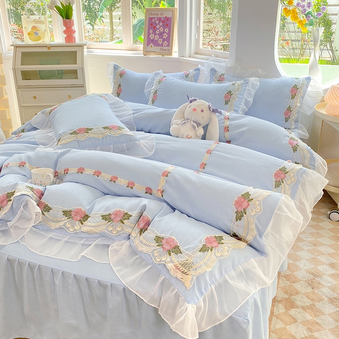 91家纺网 家纺一手货源 找家纺 后庭寝室 2025新款韩版雪纺磨毛蕾丝纯色床裙四件套-遇见公主 遇见公主-浅蓝