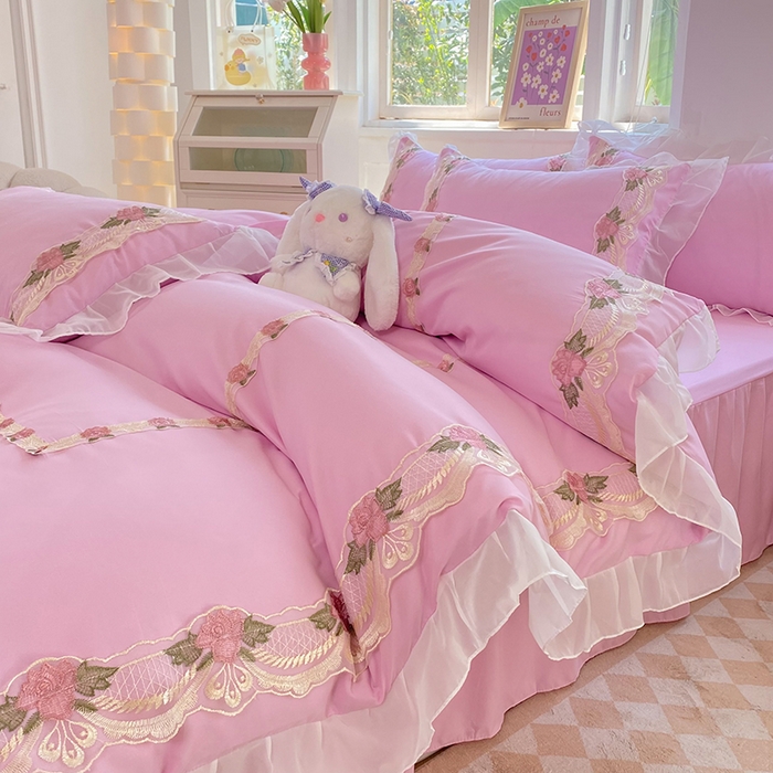 91家纺网 家纺一手货源 找家纺 后庭寝室 2025新款韩版雪纺磨毛蕾丝纯色床裙四件套-遇见公主 遇见公主-粉色