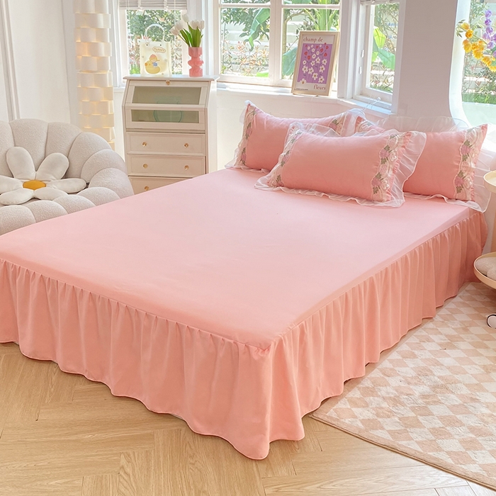 91家纺网 家纺一手货源 找家纺 后庭寝室 2025新款韩版雪纺磨毛蕾丝纯色床裙四件套-遇见公主 遇见公主-玉色