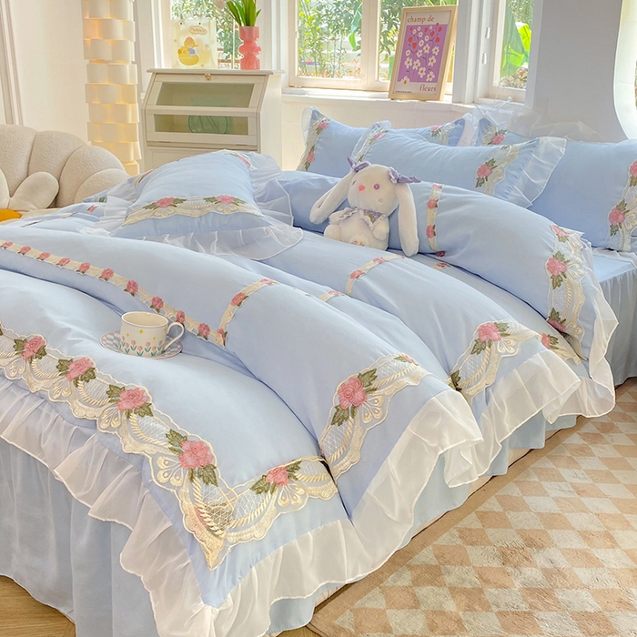 91家纺网 家纺一手货源 找家纺 后庭寝室 2025新款韩版雪纺磨毛蕾丝纯色床裙四件套-遇见公主 遇见公主-浅蓝