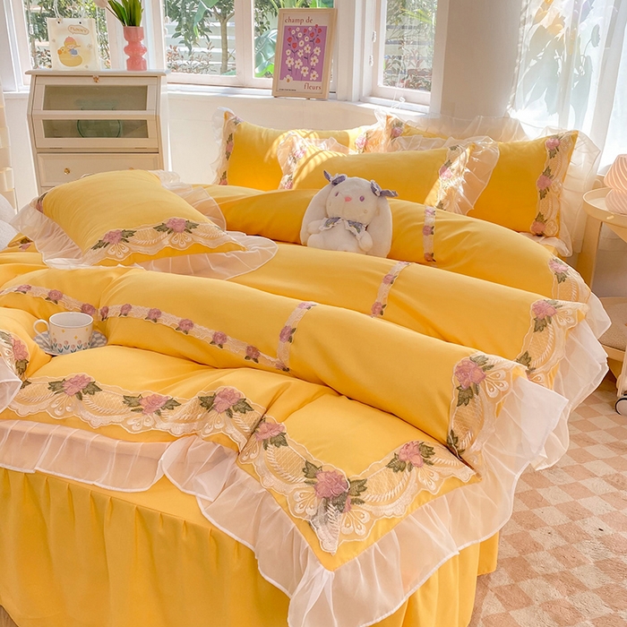 91家纺网 家纺一手货源 找家纺 后庭寝室 2025新款韩版雪纺磨毛蕾丝纯色床裙四件套-遇见公主 遇见公主-金黄