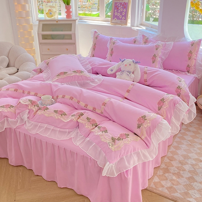 91家纺网 家纺一手货源 找家纺 后庭寝室 2025新款韩版雪纺磨毛蕾丝纯色床裙四件套-遇见公主 遇见公主-粉色