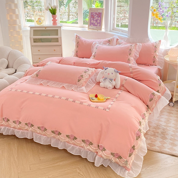 91家纺网 家纺一手货源 找家纺 后庭寝室 2025新款韩版雪纺磨毛蕾丝纯色床裙四件套-遇见公主 遇见公主-玉色