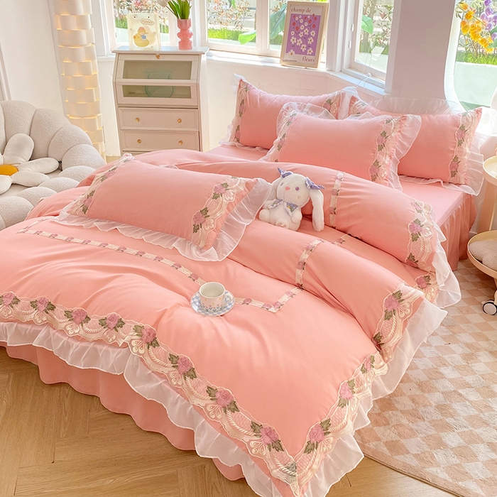 91家纺网 家纺一手货源 找家纺 后庭寝室 2025新款韩版雪纺磨毛蕾丝纯色床裙四件套-遇见公主 遇见公主-玉色