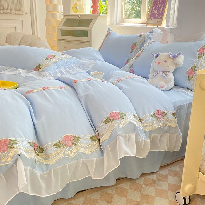 91家纺网 家纺一手货源 找家纺 后庭寝室 2025新款韩版雪纺磨毛蕾丝纯色床裙四件套-遇见公主 遇见公主-浅蓝