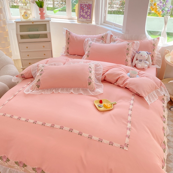 91家纺网 家纺一手货源 找家纺 后庭寝室 2025新款韩版雪纺磨毛蕾丝纯色床裙四件套-遇见公主 遇见公主-玉色