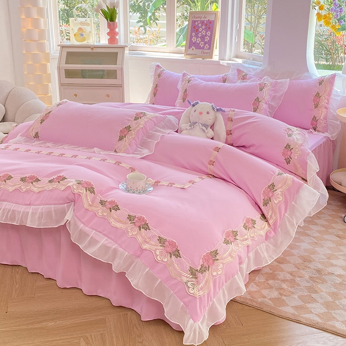 91家纺网 家纺一手货源 找家纺 后庭寝室 2025新款韩版雪纺磨毛蕾丝纯色床裙四件套-遇见公主 遇见公主-粉色