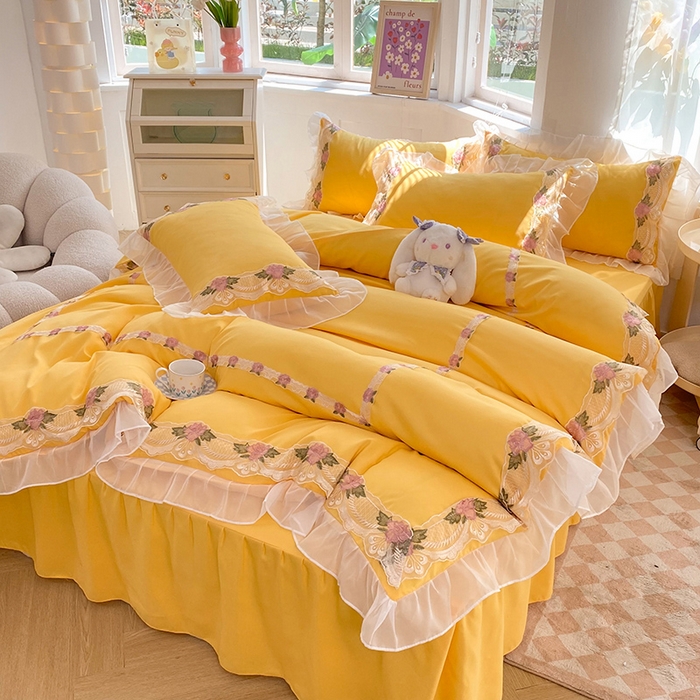 91家纺网 家纺一手货源 找家纺 后庭寝室 2025新款韩版雪纺磨毛蕾丝纯色床裙四件套-遇见公主 遇见公主-金黄