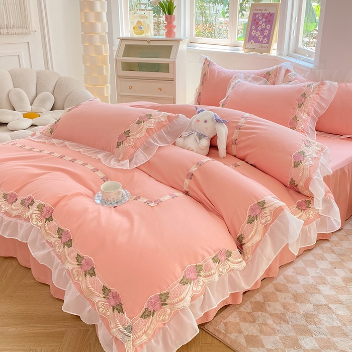 91家纺网 家纺一手货源 找家纺 后庭寝室 2025新款韩版雪纺磨毛蕾丝纯色床裙四件套-遇见公主 遇见公主-玉色