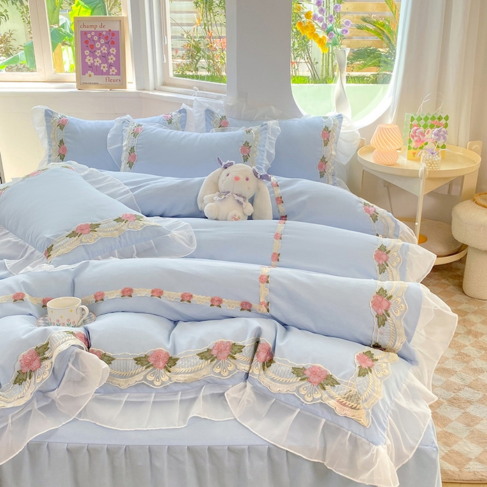 91家纺网 家纺一手货源 找家纺 后庭寝室 2025新款韩版雪纺磨毛蕾丝纯色床裙四件套-遇见公主 遇见公主-浅蓝