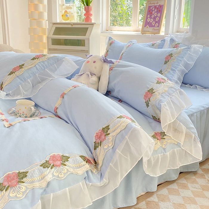 91家纺网 家纺一手货源 找家纺 后庭寝室 2025新款韩版雪纺磨毛蕾丝纯色床裙四件套-遇见公主 遇见公主-浅蓝