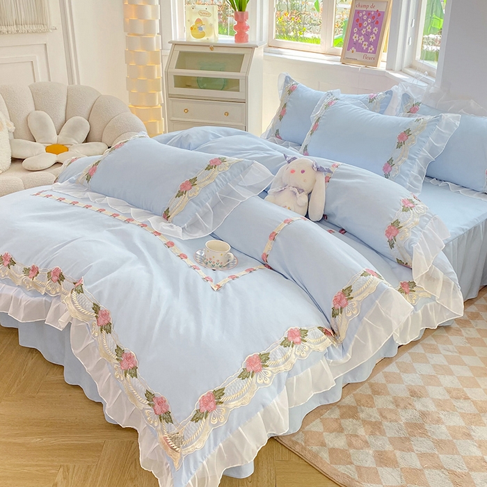 91家纺网 家纺一手货源 找家纺 后庭寝室 2025新款韩版雪纺磨毛蕾丝纯色床裙四件套-遇见公主 遇见公主-浅蓝