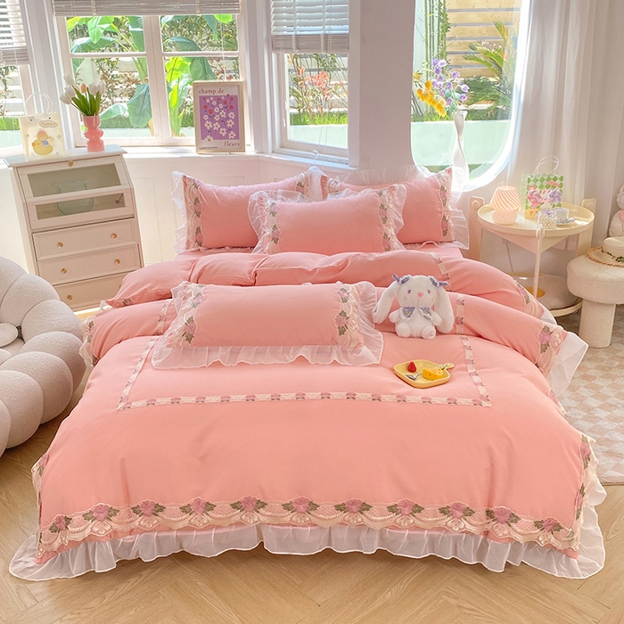 91家纺网 家纺一手货源 找家纺 （总）后庭寝室 2025新款韩版雪纺磨毛蕾丝纯色床裙四件套-遇见公主