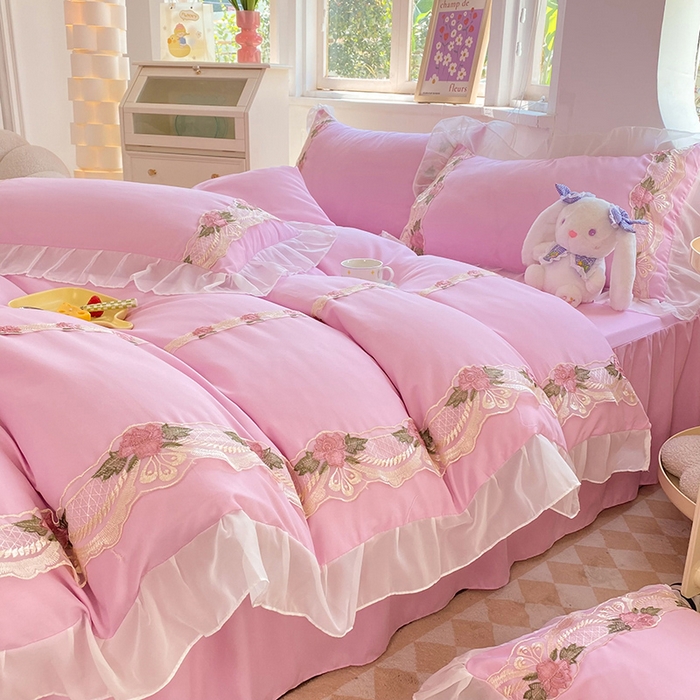 91家纺网 家纺一手货源 找家纺 后庭寝室 2025新款韩版雪纺磨毛蕾丝纯色床裙四件套-遇见公主 遇见公主-粉色