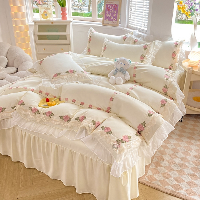 91家纺网 家纺一手货源 找家纺 后庭寝室 2025新款韩版雪纺磨毛蕾丝纯色床裙四件套-遇见公主 遇见公主-米色