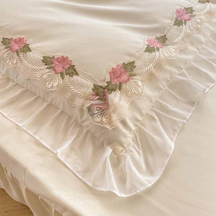 91家纺网 家纺一手货源 找家纺 后庭寝室 2025新款韩版雪纺磨毛蕾丝纯色床裙四件套-遇见公主 遇见公主-米色