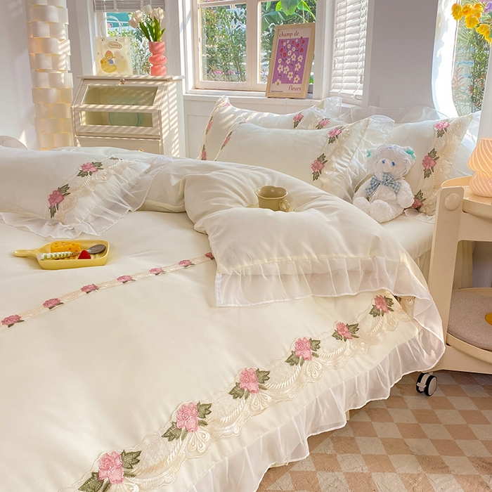 91家纺网 家纺一手货源 找家纺 后庭寝室 2025新款韩版雪纺磨毛蕾丝纯色床裙四件套-遇见公主 遇见公主-米色