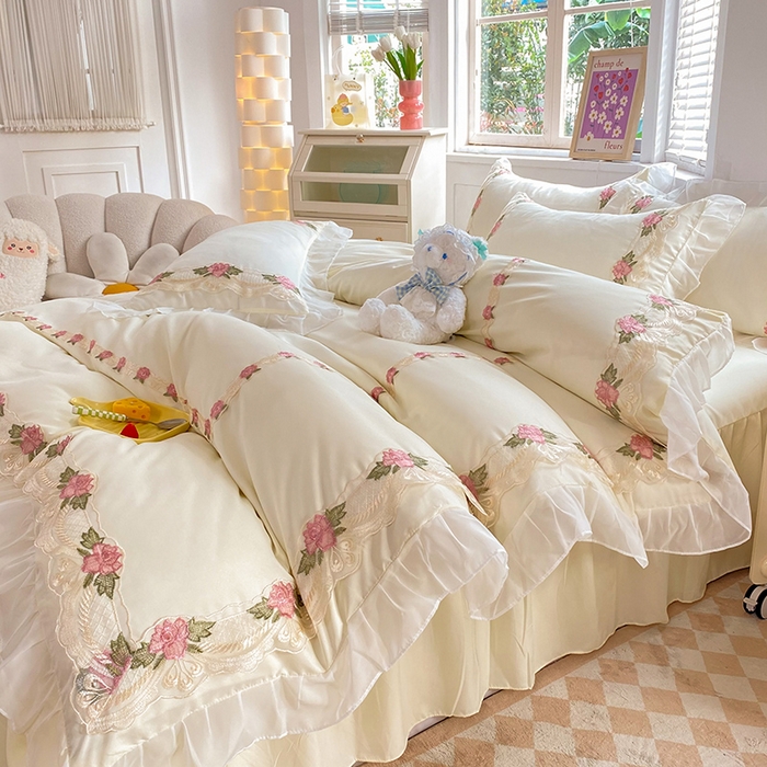 91家纺网 家纺一手货源 找家纺 后庭寝室 2025新款韩版雪纺磨毛蕾丝纯色床裙四件套-遇见公主 遇见公主-米色