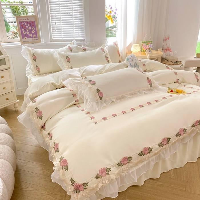 91家纺网 家纺一手货源 找家纺 后庭寝室 2025新款韩版雪纺磨毛蕾丝纯色床裙四件套-遇见公主 遇见公主-米色