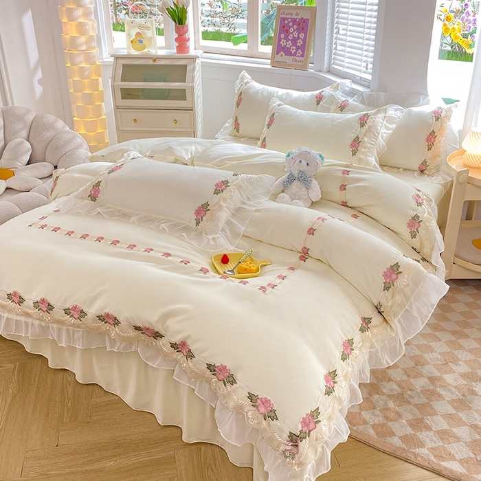 91家纺网 家纺一手货源 找家纺 后庭寝室 2025新款韩版雪纺磨毛蕾丝纯色床裙四件套-遇见公主 遇见公主-米色