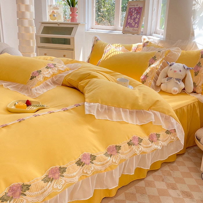 91家纺网 家纺一手货源 找家纺 后庭寝室 2025新款韩版雪纺磨毛蕾丝纯色床裙四件套-遇见公主 遇见公主-金黄