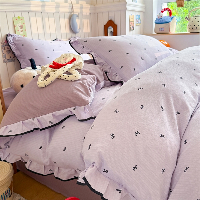 91家纺网 家纺一手货源 找家纺 森璐家纺 2025新款云感皱皱双层纱黑色包边四件套 黑边-芋泥波波