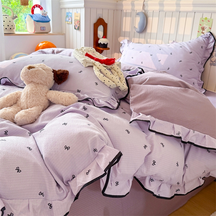 91家纺网 家纺一手货源 找家纺 森璐家纺 2025新款云感皱皱双层纱黑色包边四件套 黑边-芋泥波波