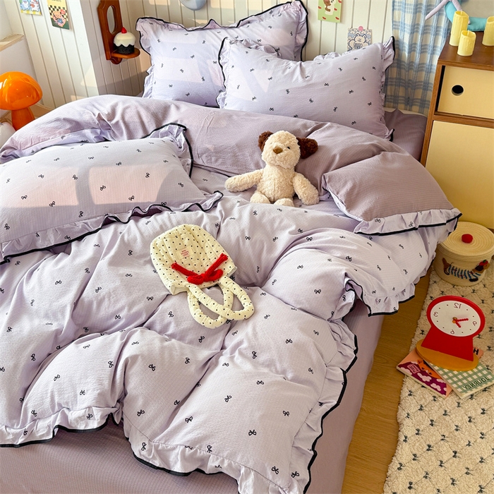 91家纺网 家纺一手货源 找家纺 森璐家纺 2025新款云感皱皱双层纱黑色包边四件套 黑边-芋泥波波