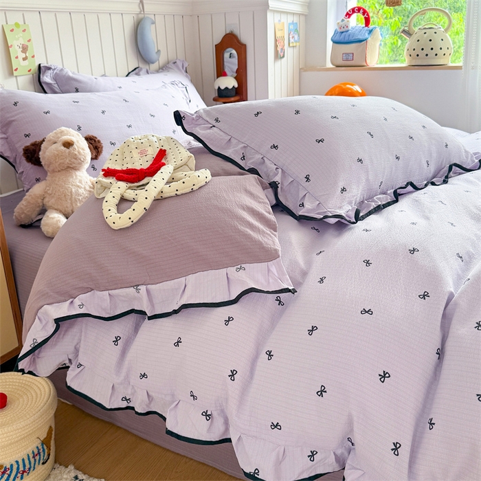 91家纺网 家纺一手货源 找家纺 森璐家纺 2025新款云感皱皱双层纱黑色包边四件套 黑边-芋泥波波