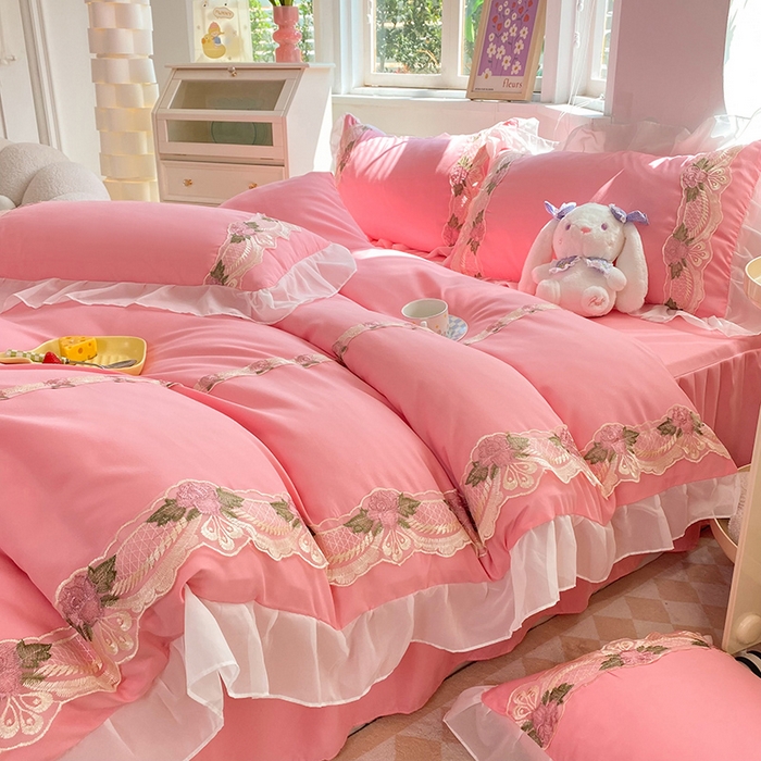 91家纺网 家纺一手货源 找家纺 后庭寝室 2025新款韩版雪纺磨毛蕾丝纯色床裙四件套-遇见公主 遇见公主-粉玉