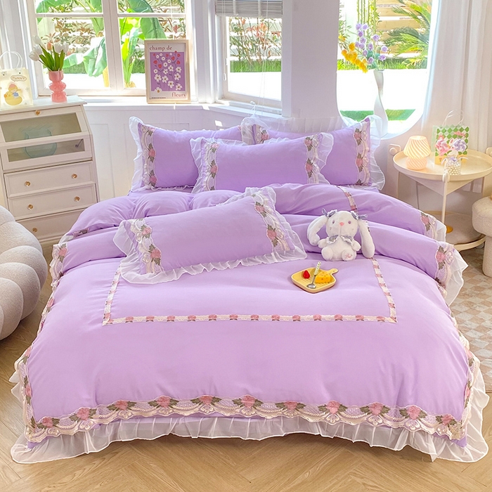 后庭寝室 2025新款韩版雪纺磨毛蕾丝纯色床裙四件套-遇见公主 遇见公主-浅紫