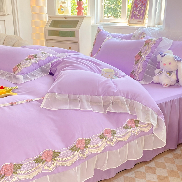 91家纺网 家纺一手货源 找家纺 后庭寝室 2025新款韩版雪纺磨毛蕾丝纯色床裙四件套-遇见公主 遇见公主-浅紫