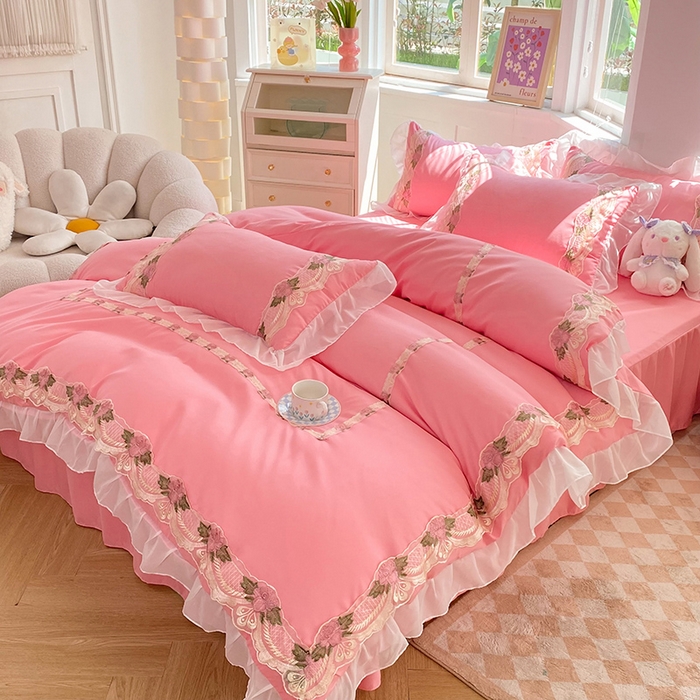 91家纺网 家纺一手货源 找家纺 后庭寝室 2025新款韩版雪纺磨毛蕾丝纯色床裙四件套-遇见公主 遇见公主-粉玉