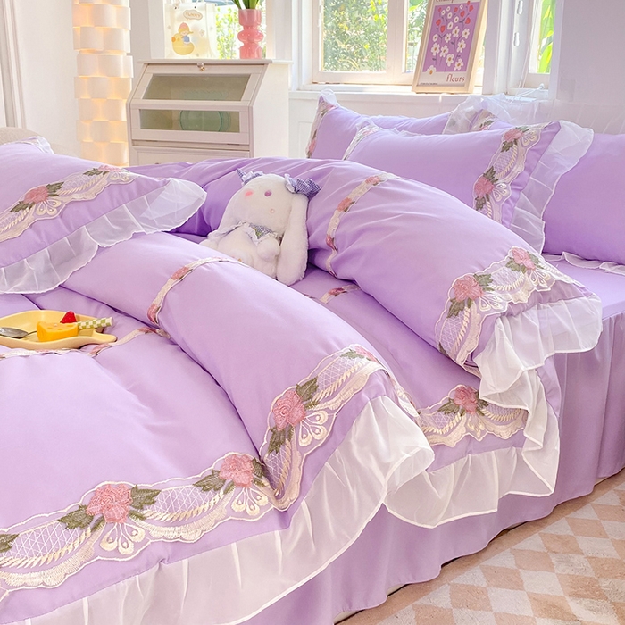 91家纺网 家纺一手货源 找家纺 后庭寝室 2025新款韩版雪纺磨毛蕾丝纯色床裙四件套-遇见公主 遇见公主-浅紫