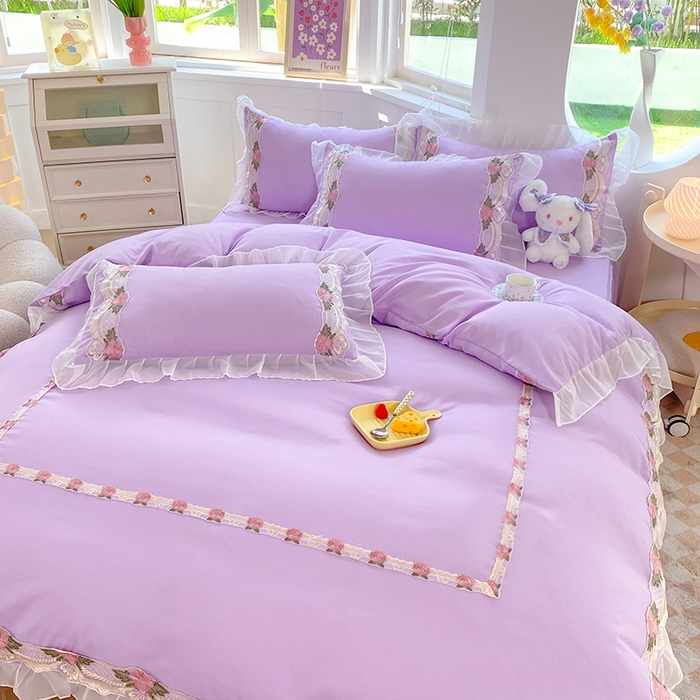 91家纺网 家纺一手货源 找家纺 后庭寝室 2025新款韩版雪纺磨毛蕾丝纯色床裙四件套-遇见公主 遇见公主-浅紫