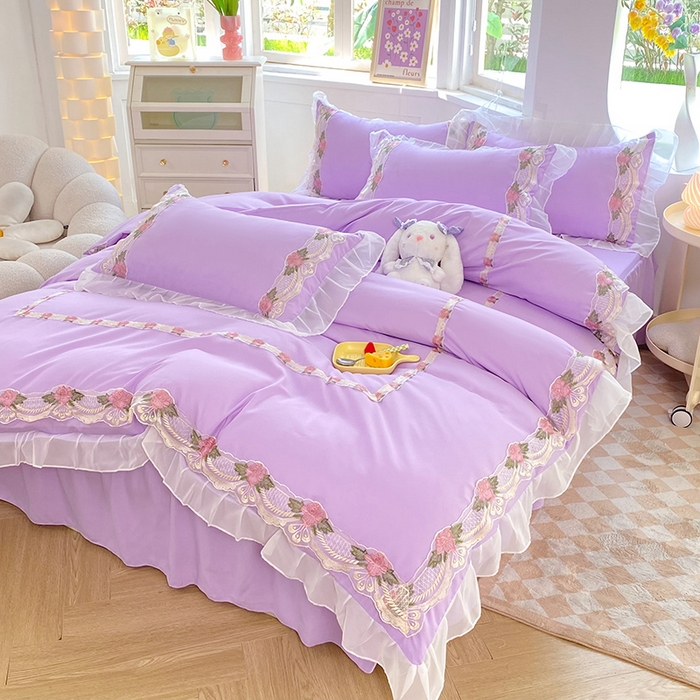 91家纺网 家纺一手货源 找家纺 后庭寝室 2025新款韩版雪纺磨毛蕾丝纯色床裙四件套-遇见公主 遇见公主-浅紫