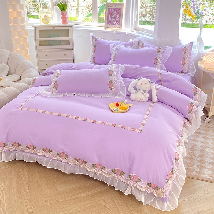 91家纺网 家纺一手货源 找家纺 后庭寝室 2025新款韩版雪纺磨毛蕾丝纯色床裙四件套-遇见公主 遇见公主-浅紫