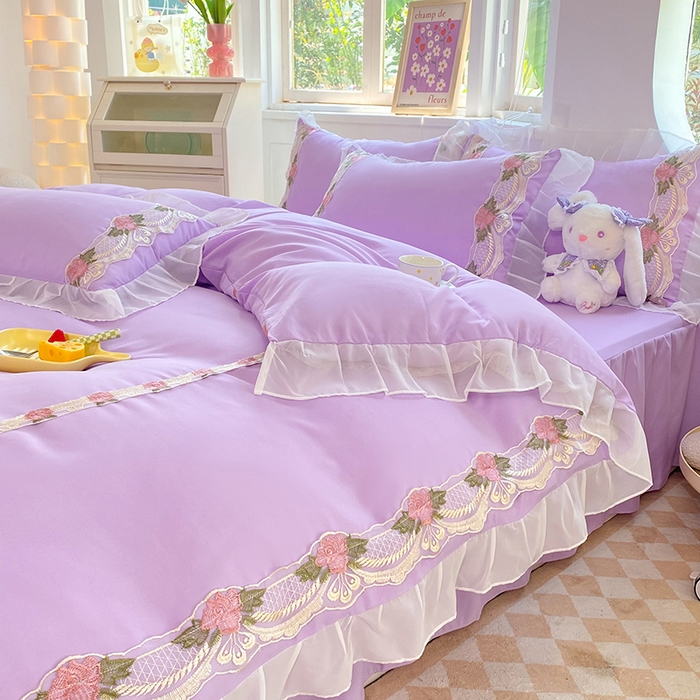 91家纺网 家纺一手货源 找家纺 后庭寝室 2025新款韩版雪纺磨毛蕾丝纯色床裙四件套-遇见公主 遇见公主-浅紫