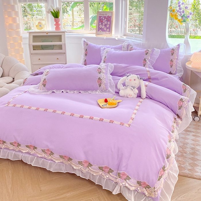 91家纺网 家纺一手货源 找家纺 后庭寝室 2025新款韩版雪纺磨毛蕾丝纯色床裙四件套-遇见公主 遇见公主-浅紫
