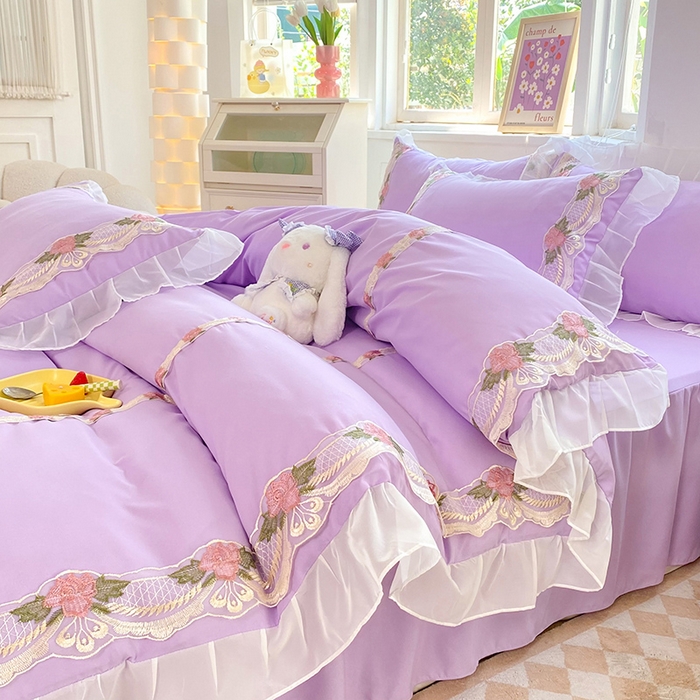 91家纺网 家纺一手货源 找家纺 后庭寝室 2025新款韩版雪纺磨毛蕾丝纯色床裙四件套-遇见公主 遇见公主-浅紫