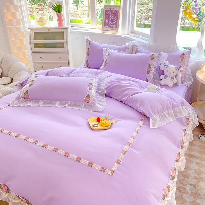 91家纺网 家纺一手货源 找家纺 后庭寝室 2025新款韩版雪纺磨毛蕾丝纯色床裙四件套-遇见公主 遇见公主-浅紫